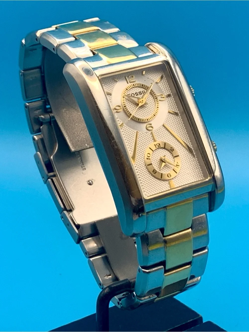 FOSSIL ARKITEKT FS-4228 Men’s Rare Dual Time Tank Watch St Steel Works New Batt